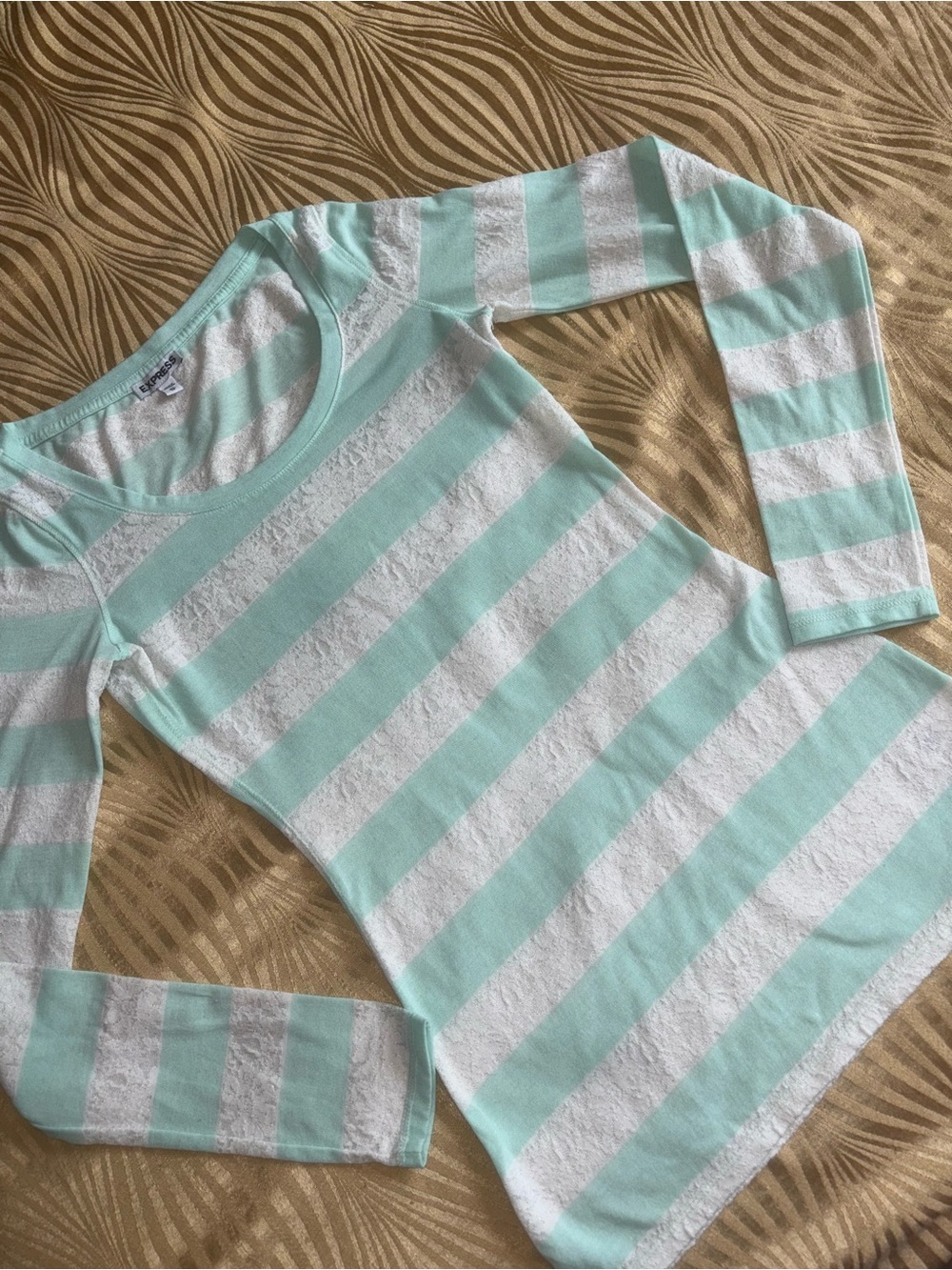 Express Striped Lace Shirt Full Sleeve Mint Blue Green White Burn Out Design